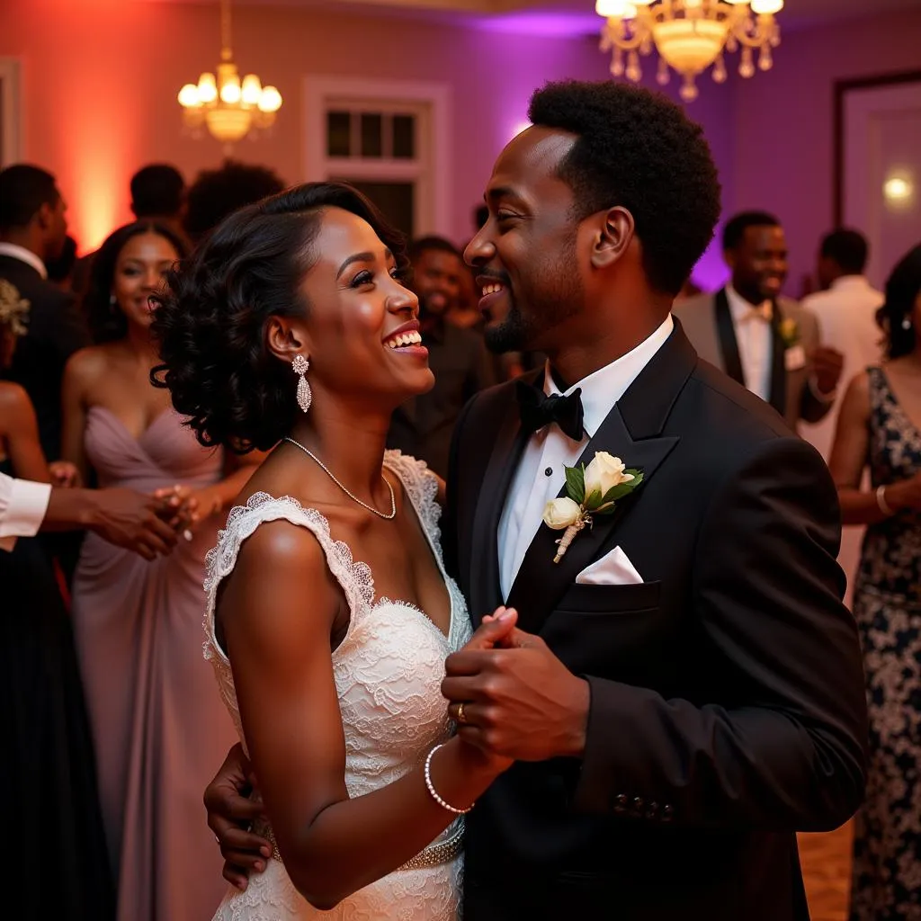 African American wedding reception with vibrant decor, music, and dancing