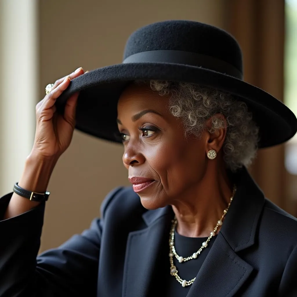 An African American woman carefully adjusts her wide-brimmed church hat