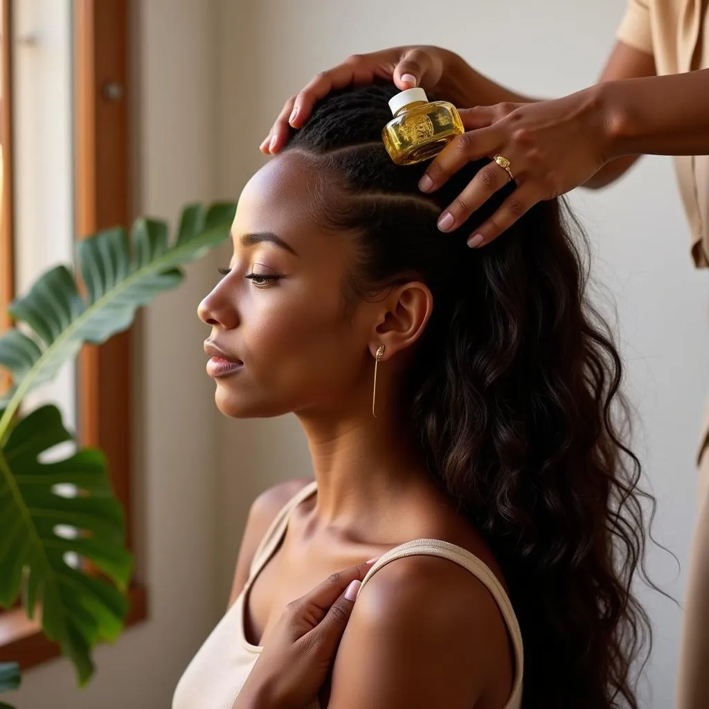 African American woman applying hair oil