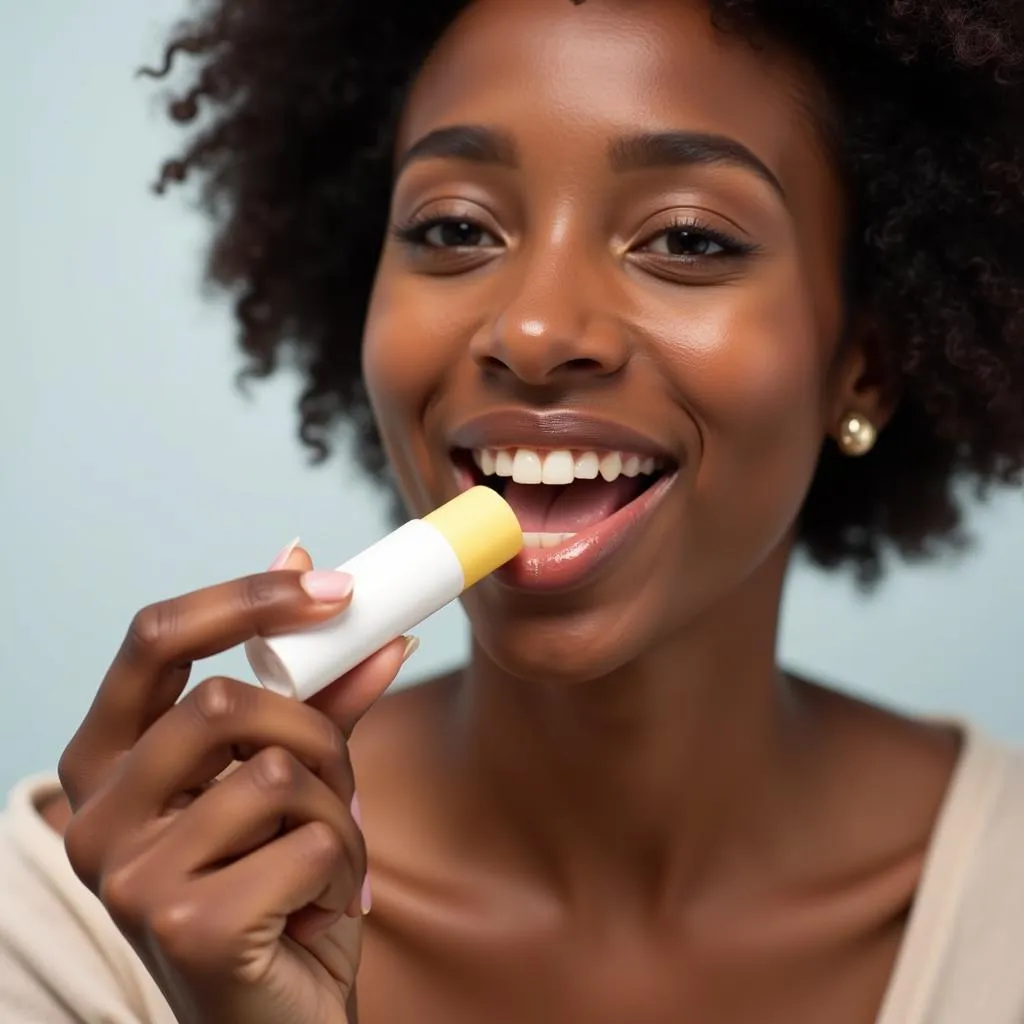 African American woman applying lip balm