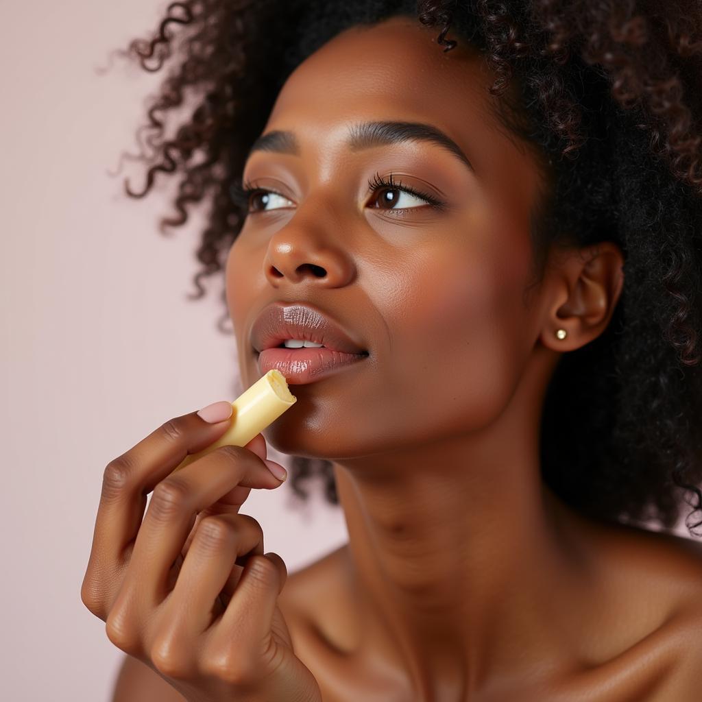 An African American woman applying lip balm