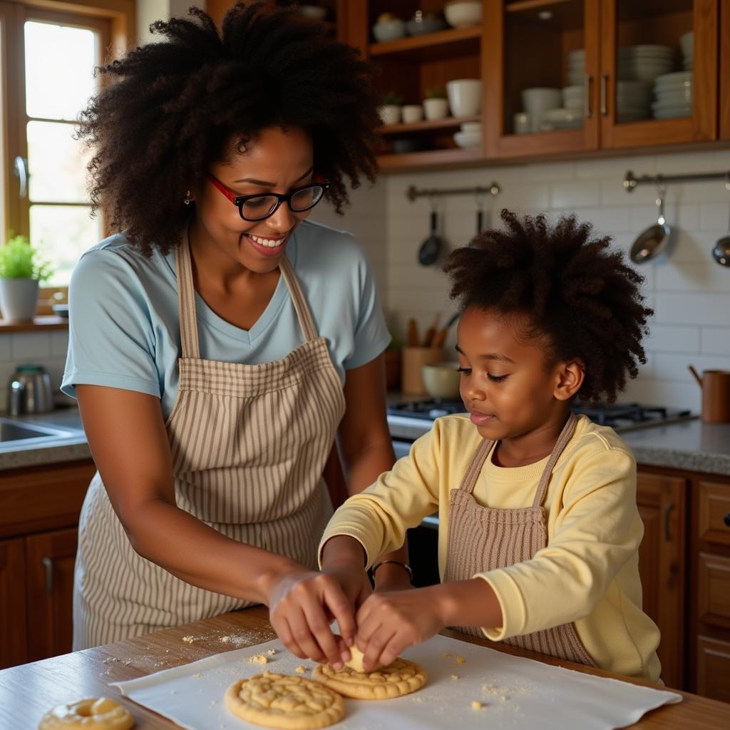 An African American woman smiling warmly as she bakes butter cookies in her kitchen, passing down traditions to younger generations