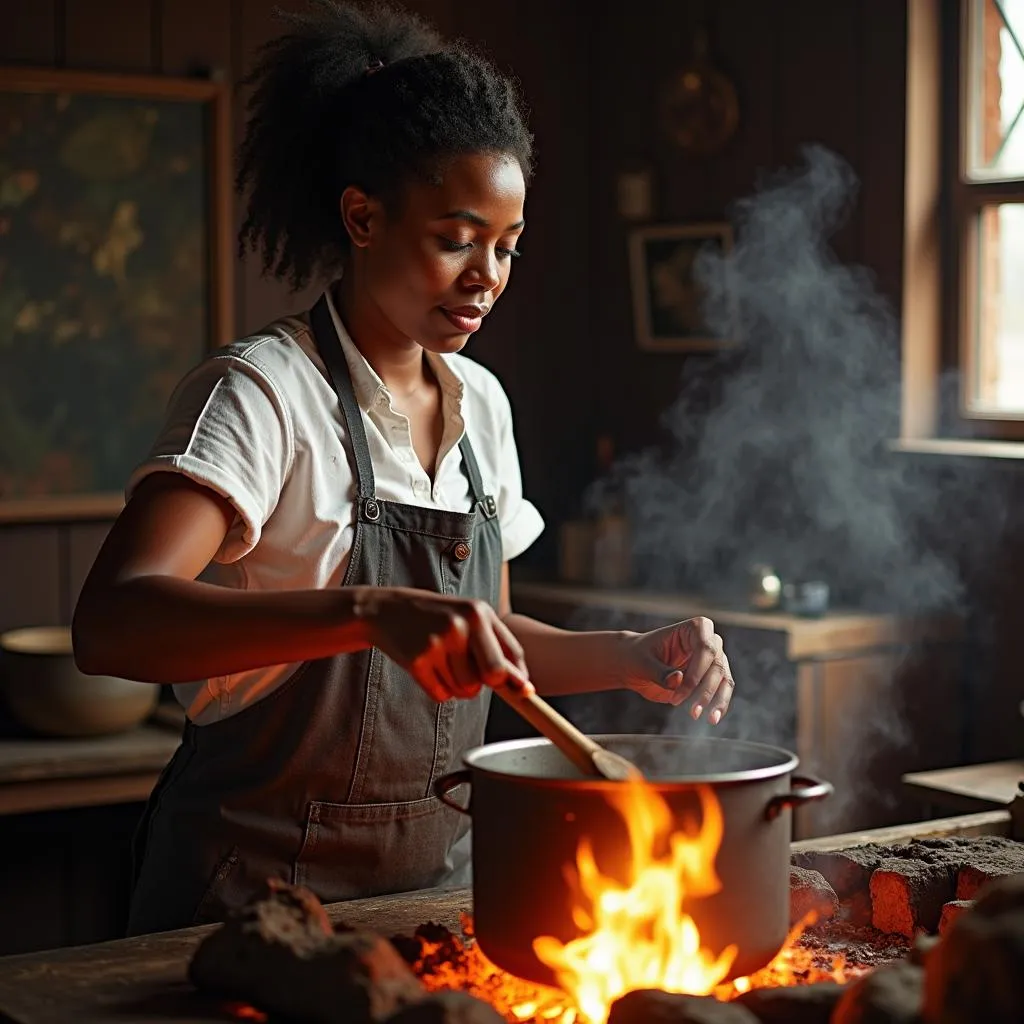 African American woman cooking over an open fire