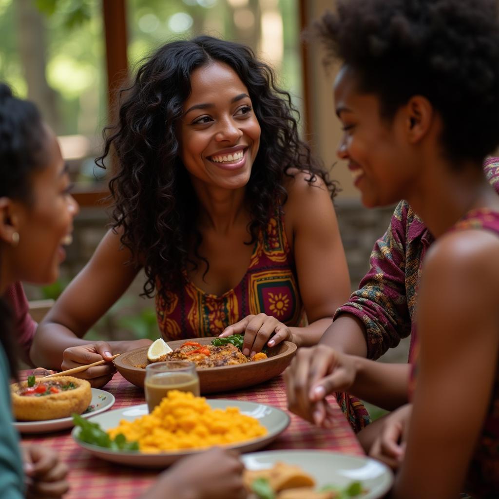 An African American woman enjoying a Tanzanian meal