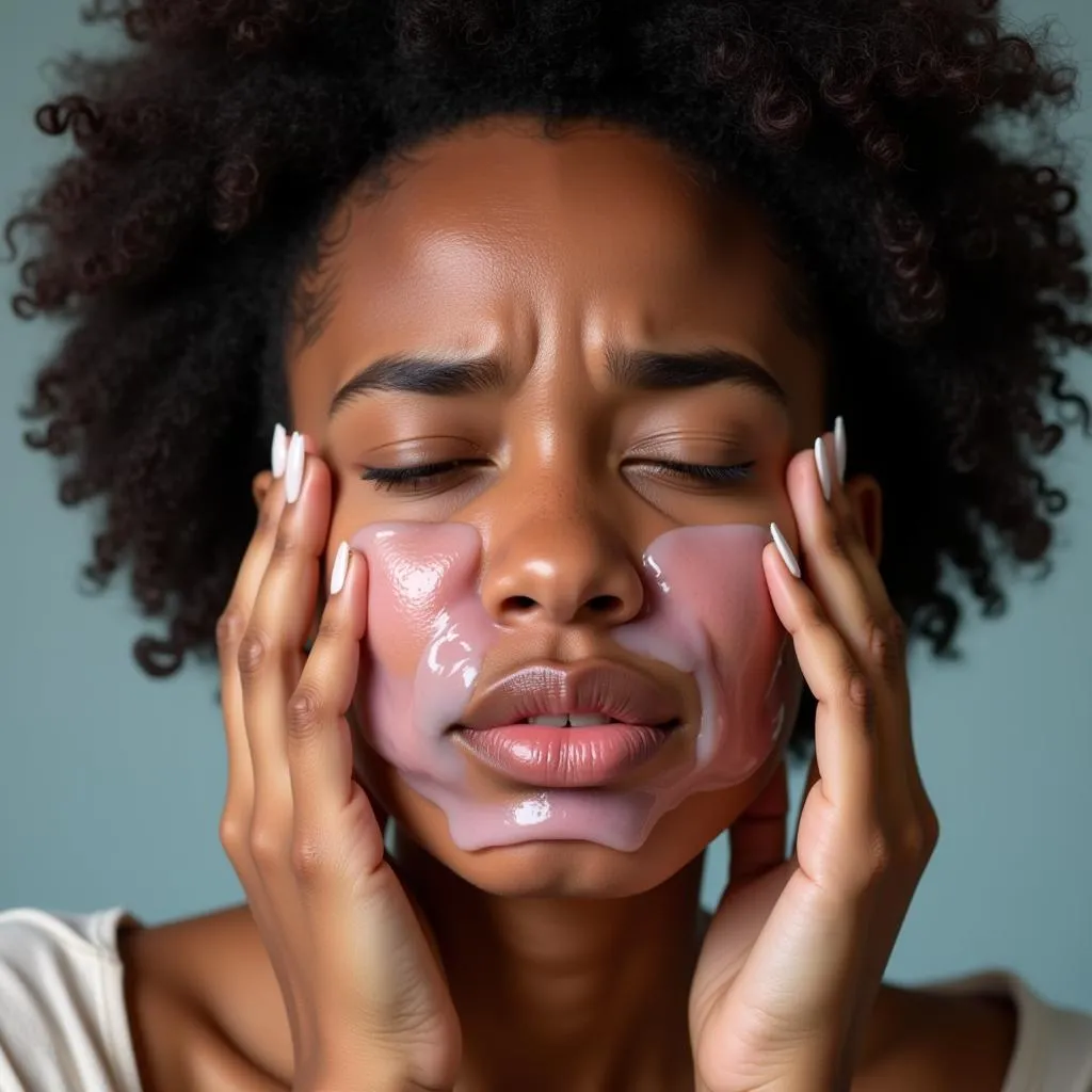 African American woman with facial swelling, a symptom of angioedema.