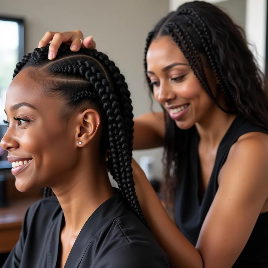 Skilled stylist braiding a client's hair in an Atlanta salon