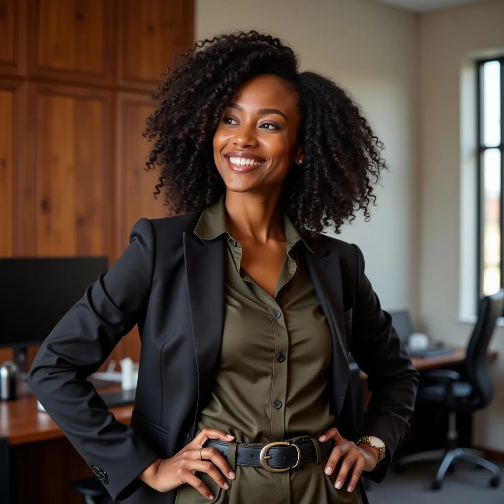 African American woman confidently rocking a stylish office outfit