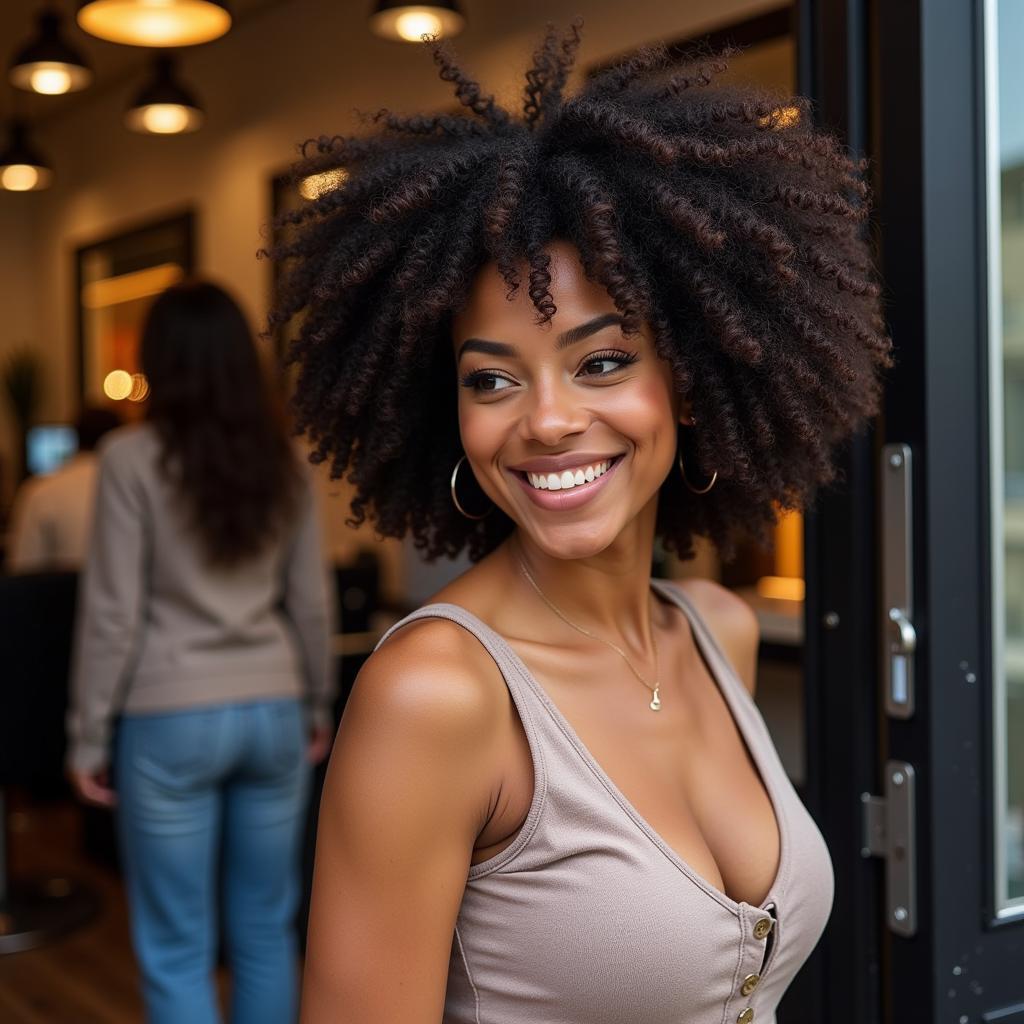 Smiling woman with beautiful curls leaving the salon