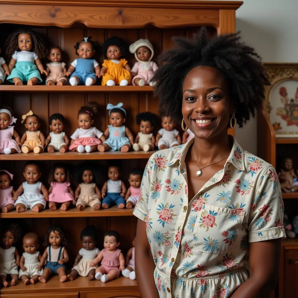 African American Woman Proudly Displaying Her Collection of Lifelike Baby Dolls