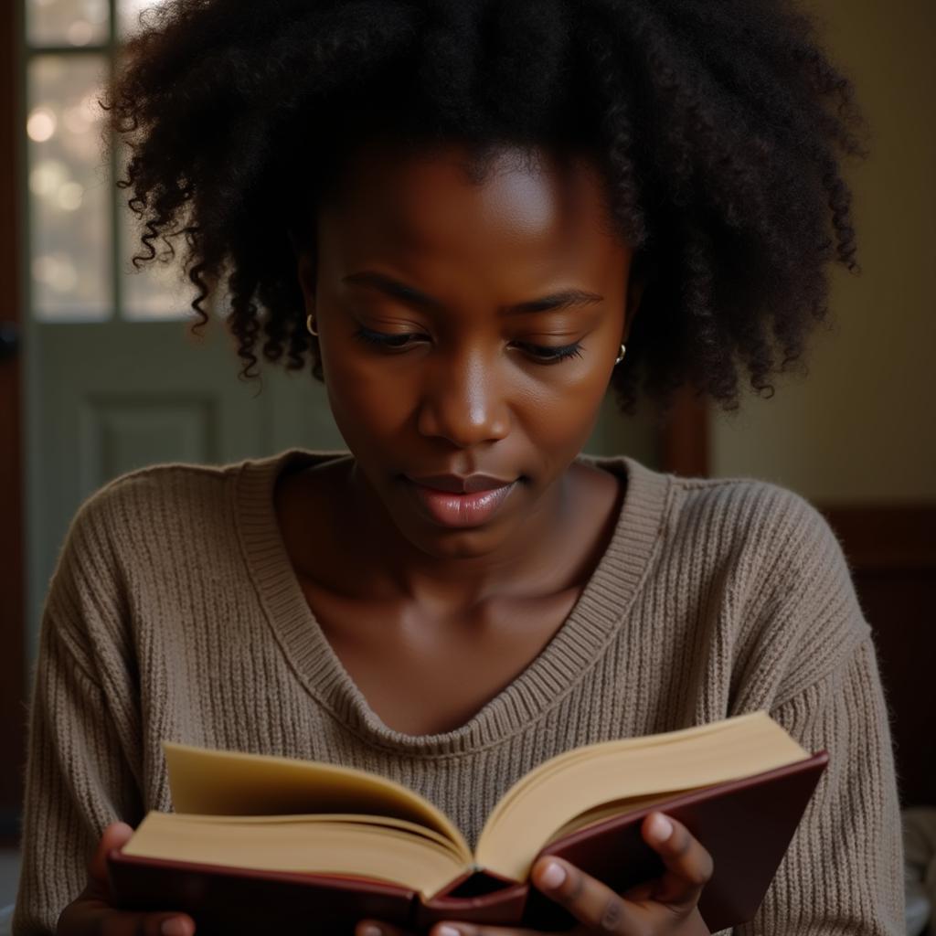 A young African American woman deeply engrossed in a book, her expression reflecting a mix of emotion and contemplation