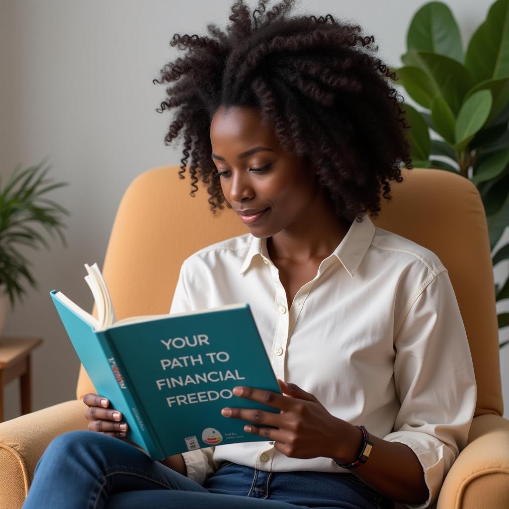 African American Woman Reading a Book About Finance