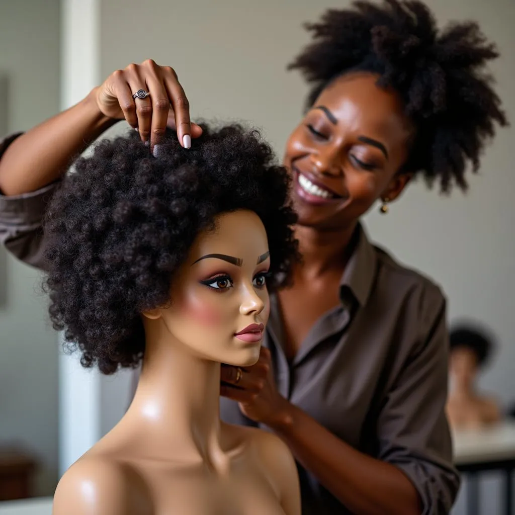 African American woman styling wig on mannequin head