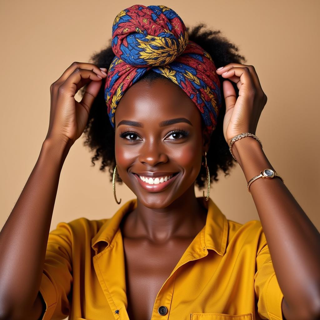 African American woman tying a headscarf