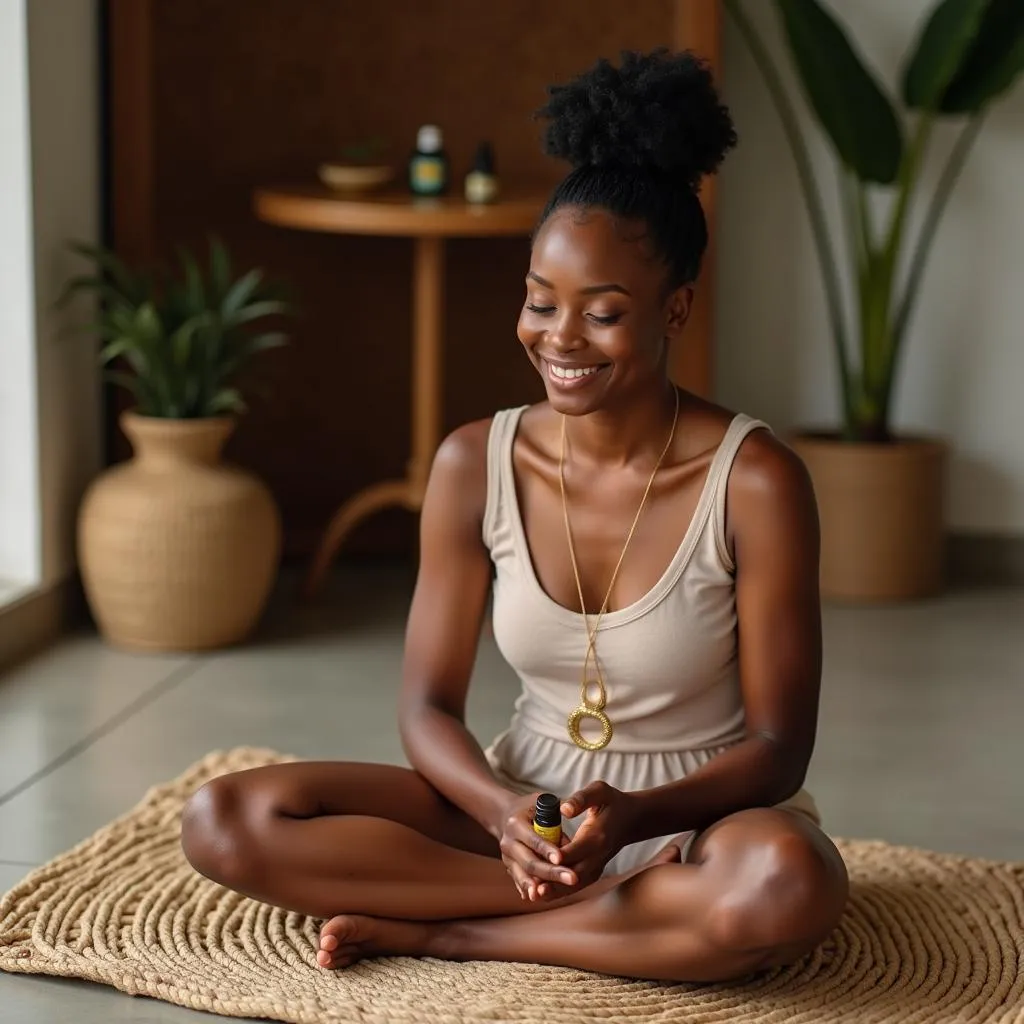 An African American woman smiling, sitting peacefully while using essential oils.