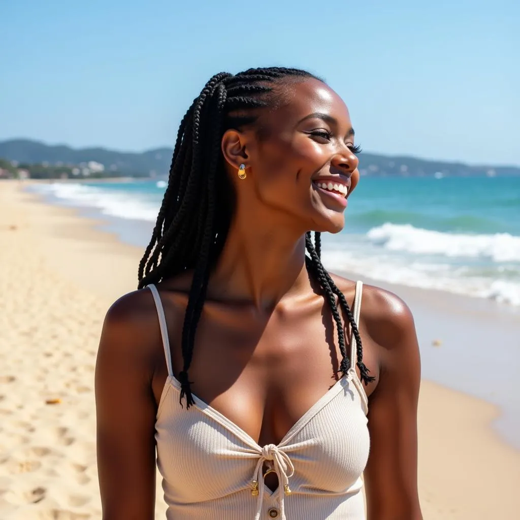 Black woman with braids enjoying the beach