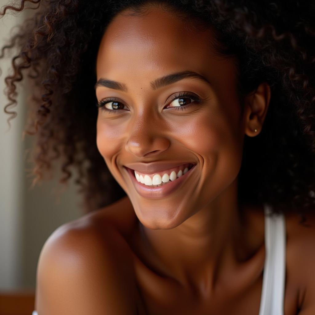 Woman with radiant olive skin smiling