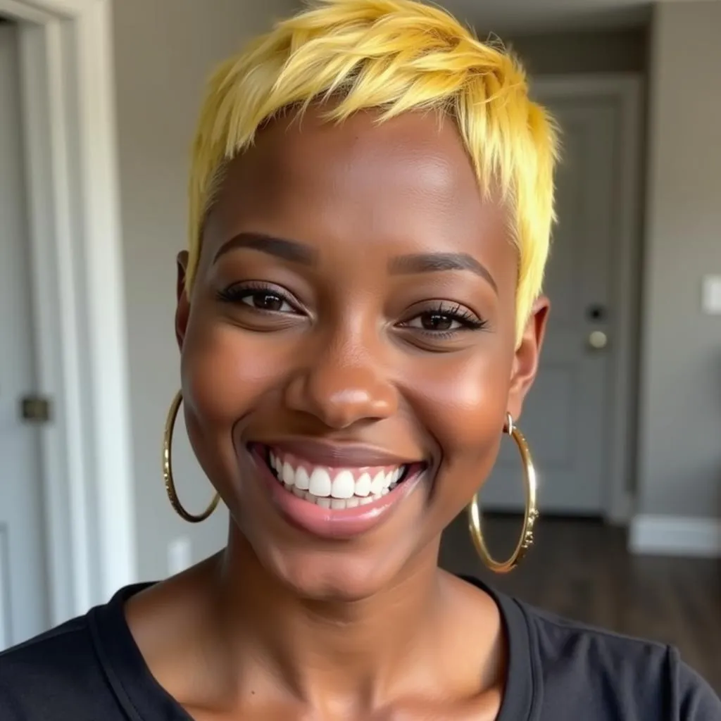 Smiling African American woman with a short blonde pixie cut