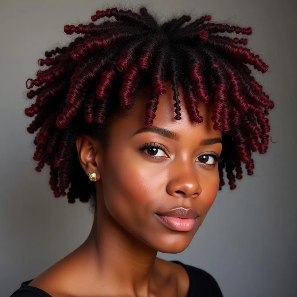 African American woman with short curly hair styled with burgundy highlights