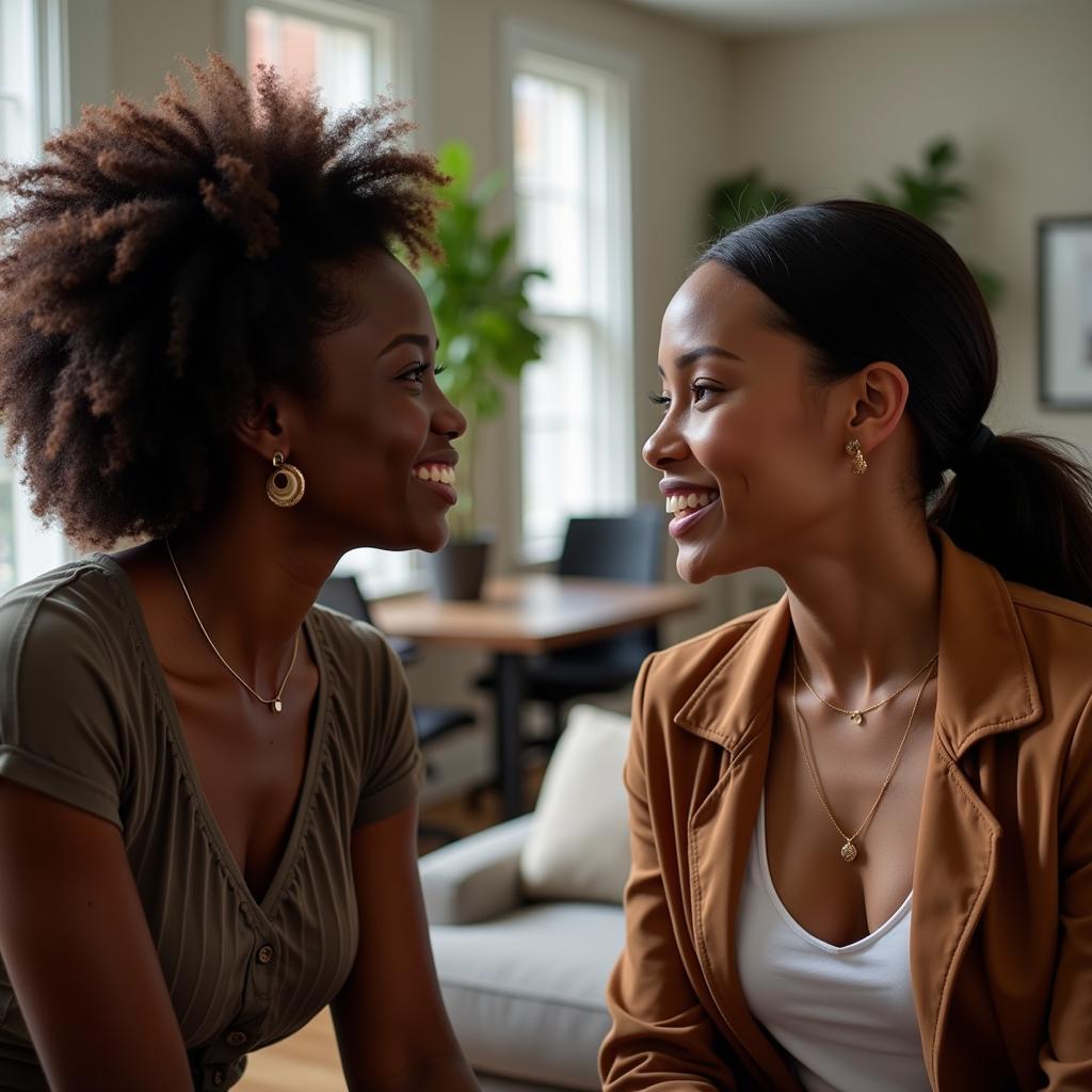 Two African American women engaged in a conversation, making eye contact.