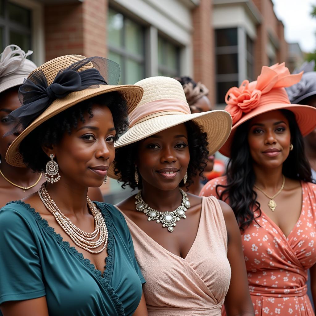 African American women wearing elaborate hats in a church service