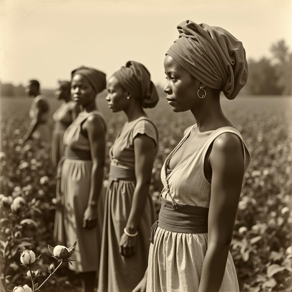 African American women working with headwraps in cotton fields