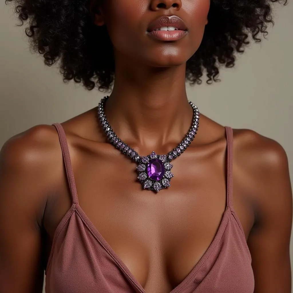 Model wearing an African amethyst arquise necklace