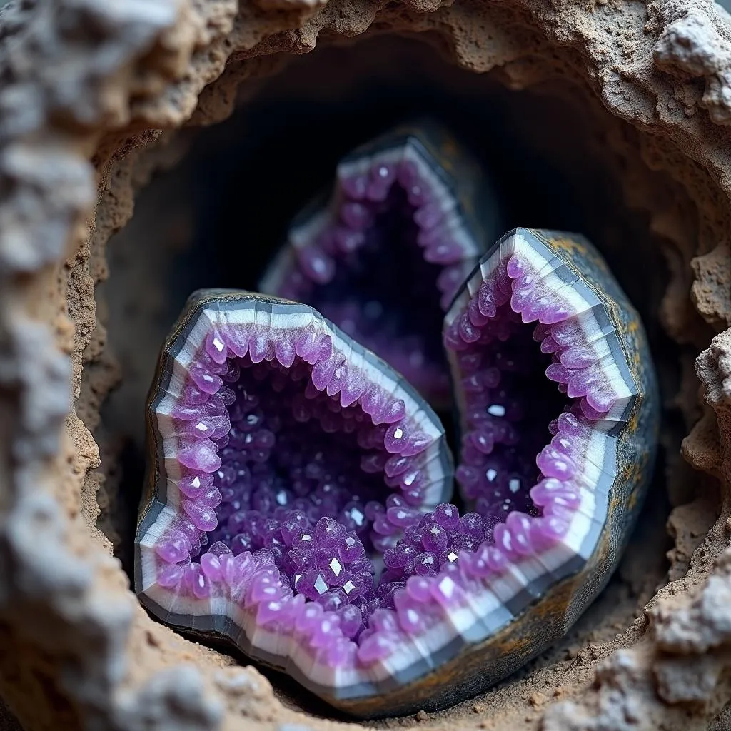 Deep purple amethyst geodes in a mine