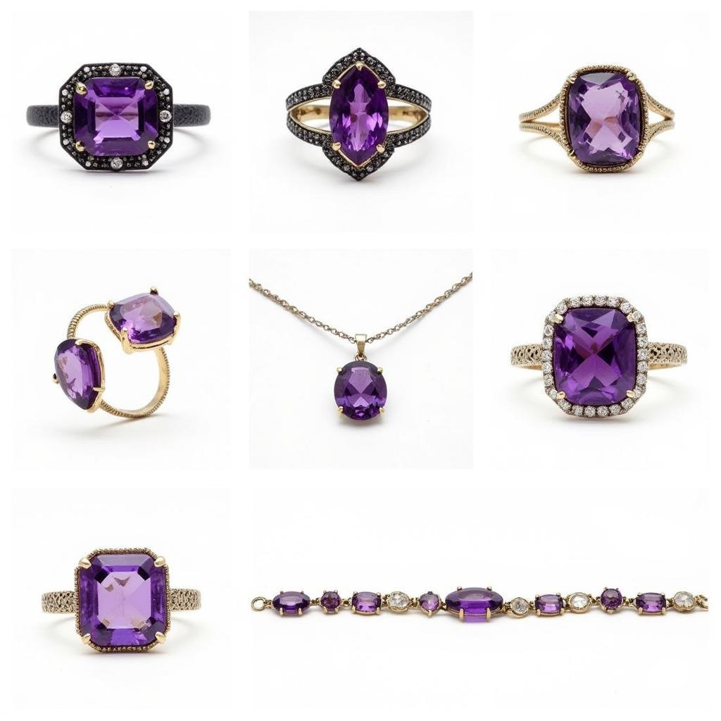 Showcase of various jewelry pieces with African amethyst