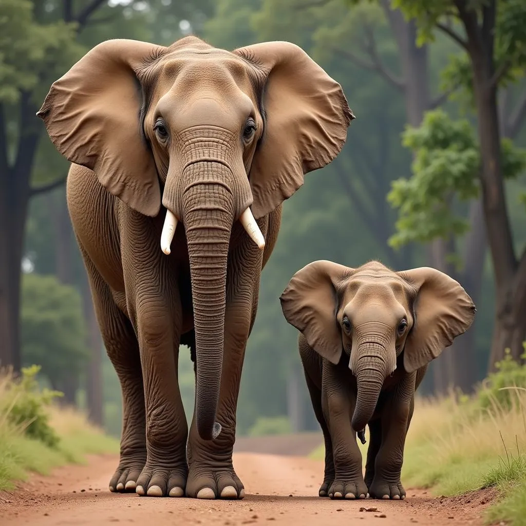 African and Asian Elephants Standing Side by Side