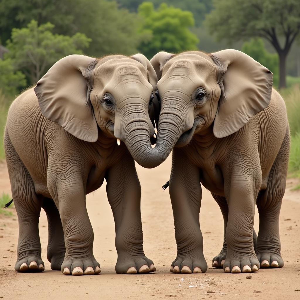 African and Indian Elephant Calves Playing