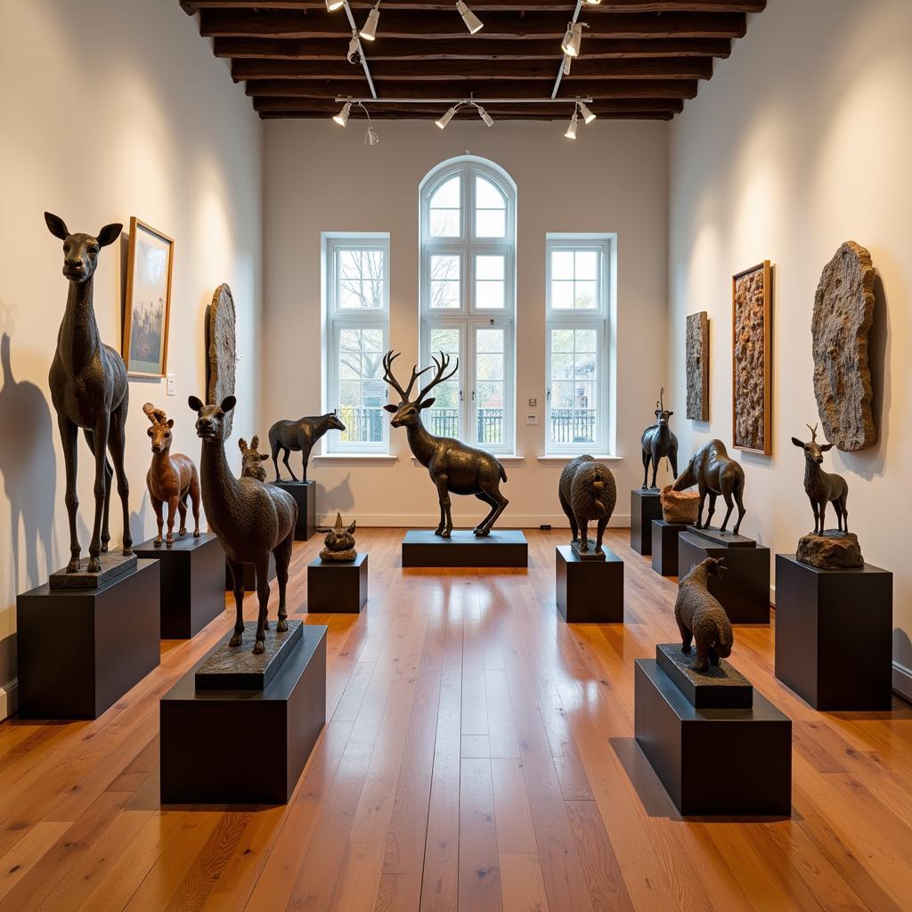 African animal sculpture exhibition showcasing diverse styles and materials