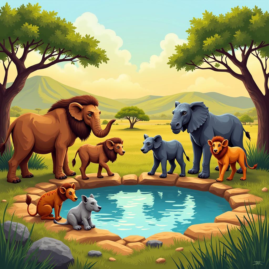 Animals gathering around a waterhole in African savanna