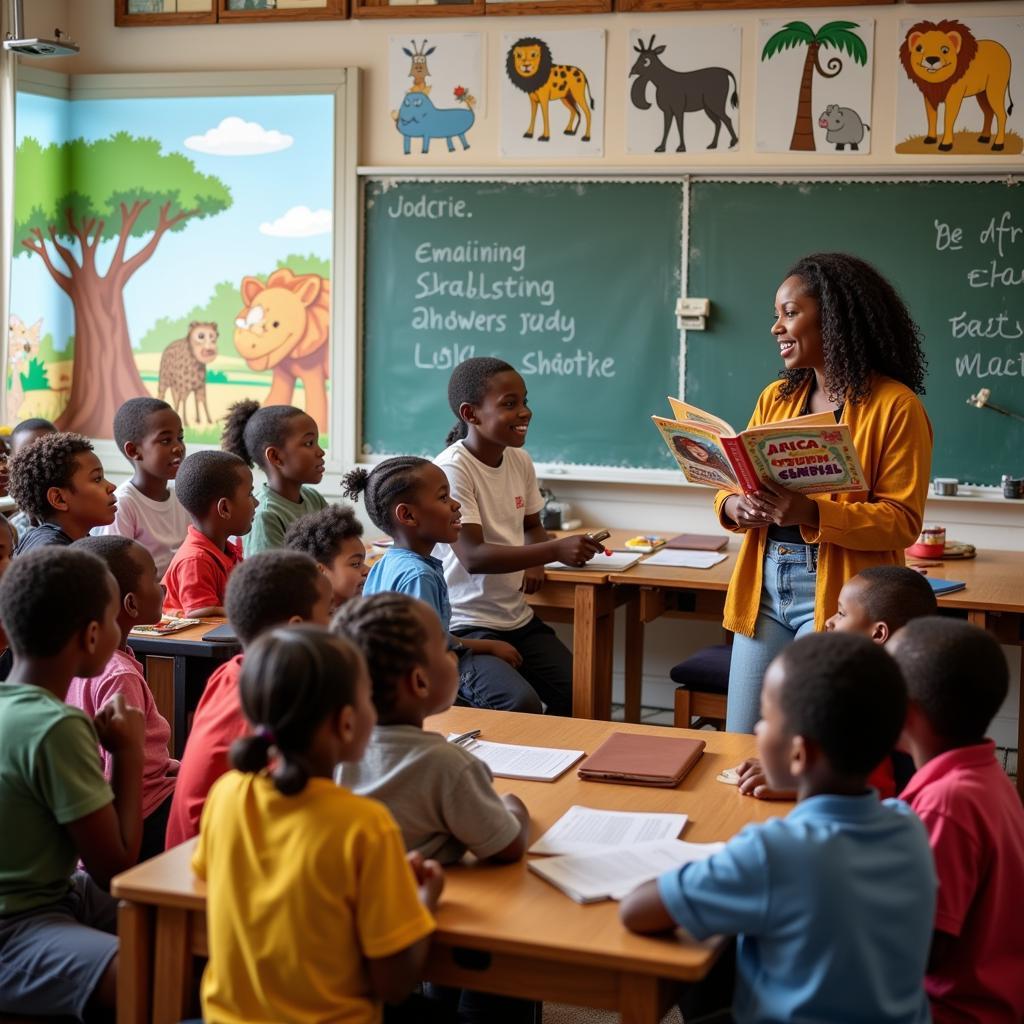 A classroom with children sitting on a rug listening to their teacher read a book about African animals