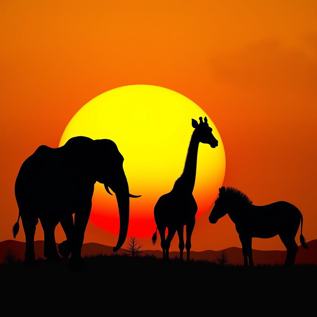 African animals silhouette against a savannah sunset