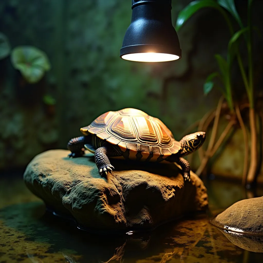 African aquatic sideneck turtle basking under a heat lamp on a rock