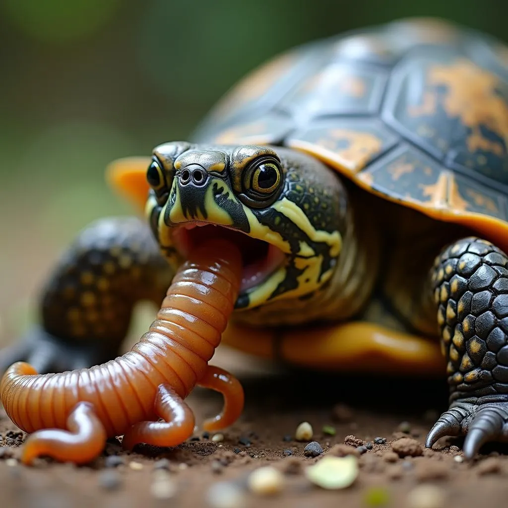 Close-up of an African aquatic sideneck turtle consuming an insect