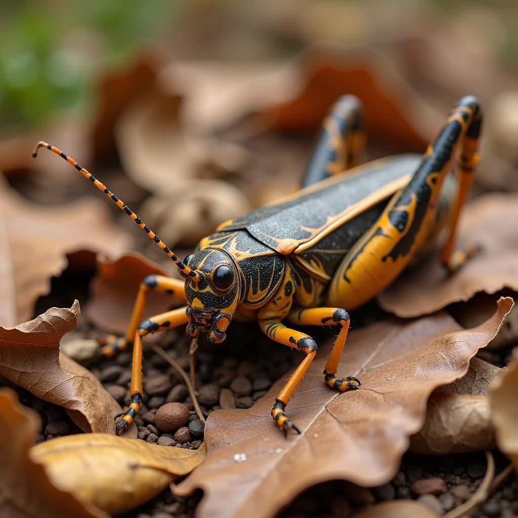 African armored cricket feeding on leaf litter in its natural habitat