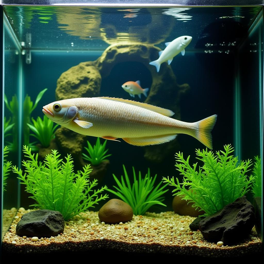 African arowana peacefully coexisting with other compatible fish species in a large, well-maintained aquarium