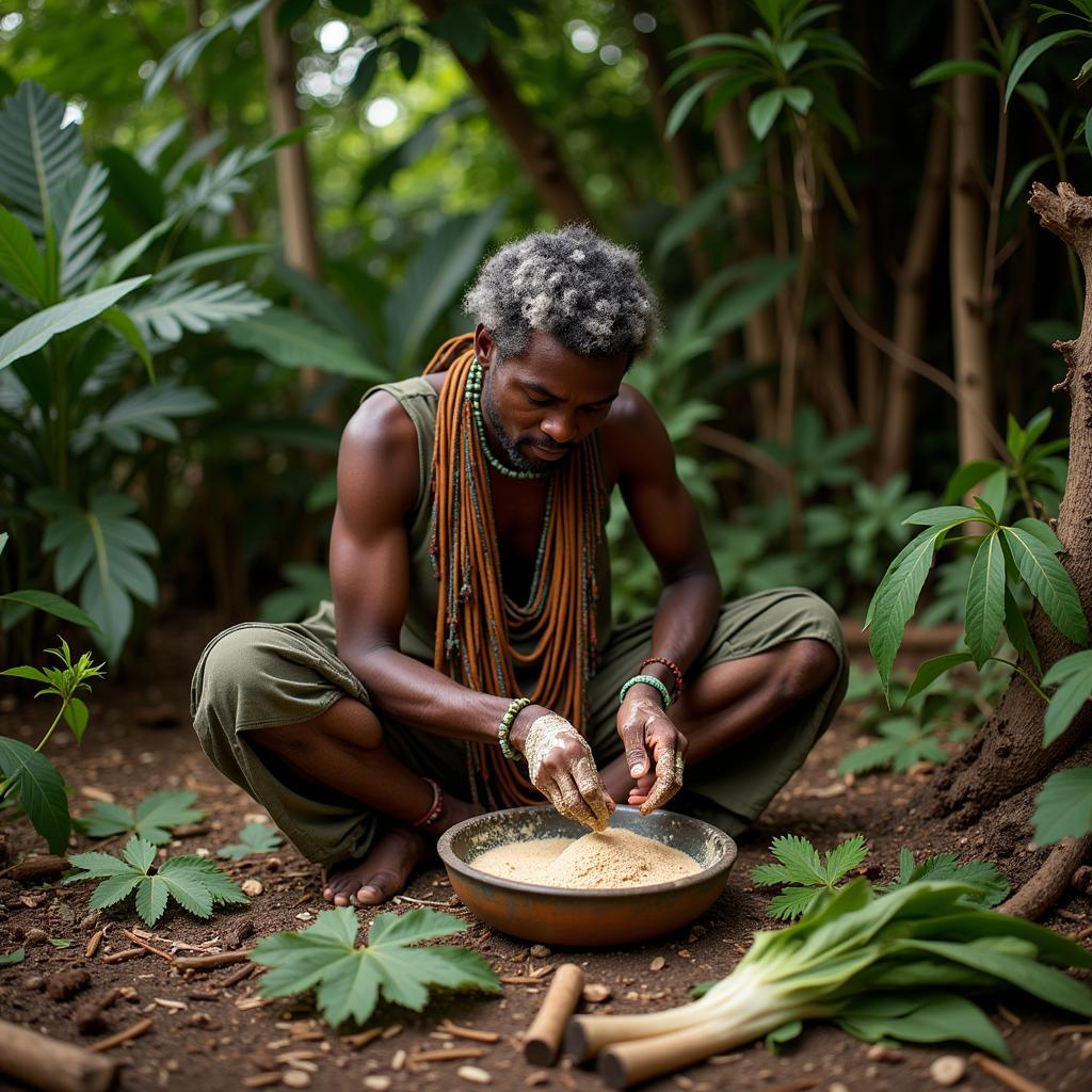 Traditional Healer Preparing African Arrowroot Remedy