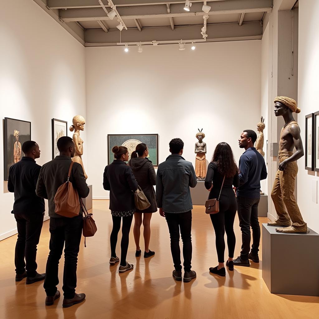 Art enthusiasts admire sculptures in a New York City gallery