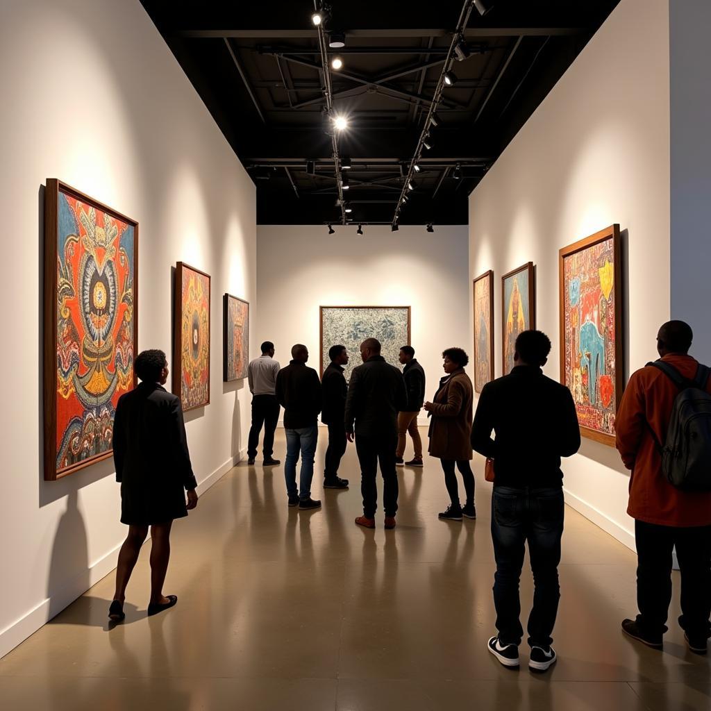 Visitors admiring artwork at an African art exhibition