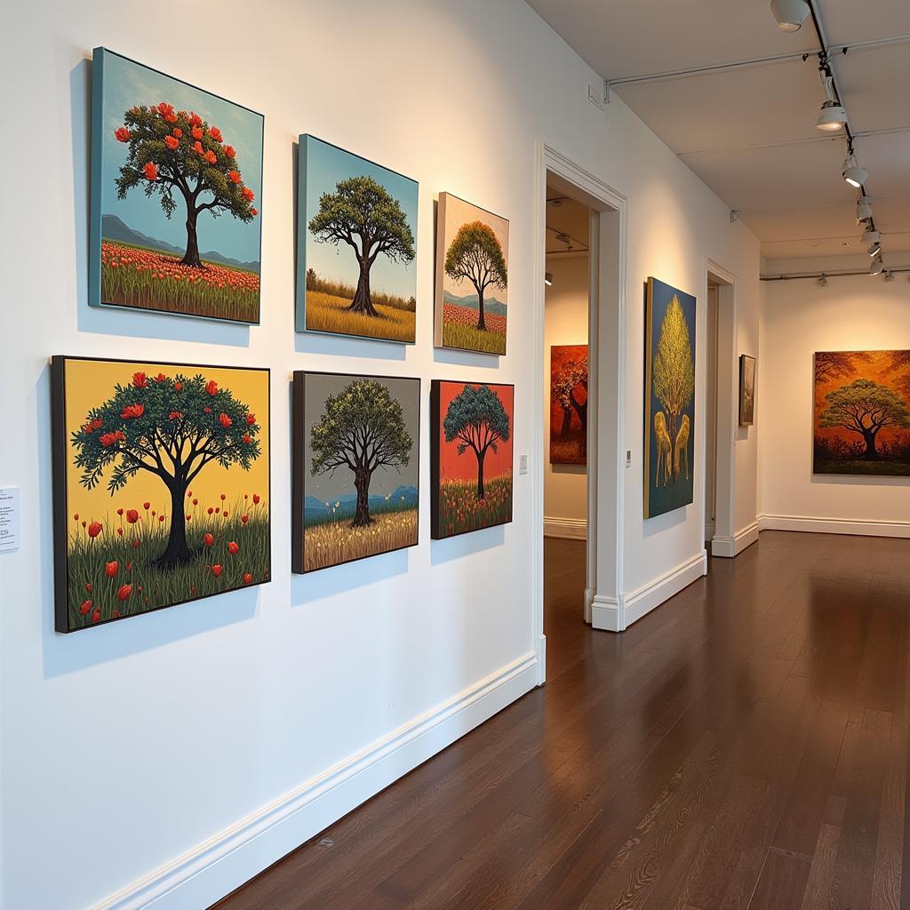 Art gallery showcasing diverse African art, including acrylic paintings of African tulip trees