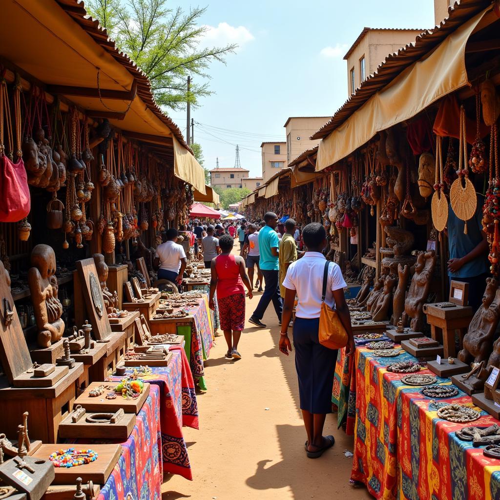 A bustling African art market with colorful crafts