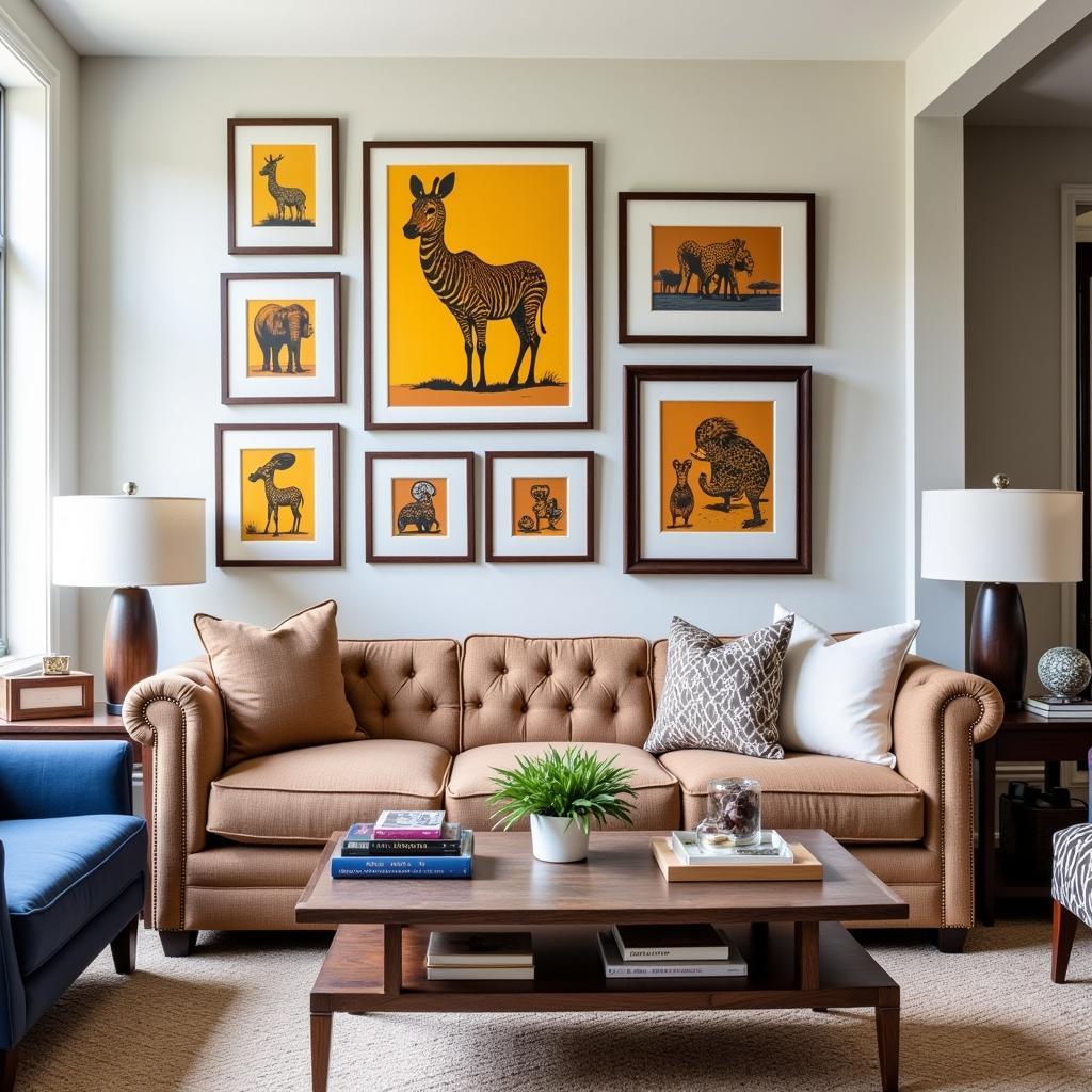 African art prints in a living room setting