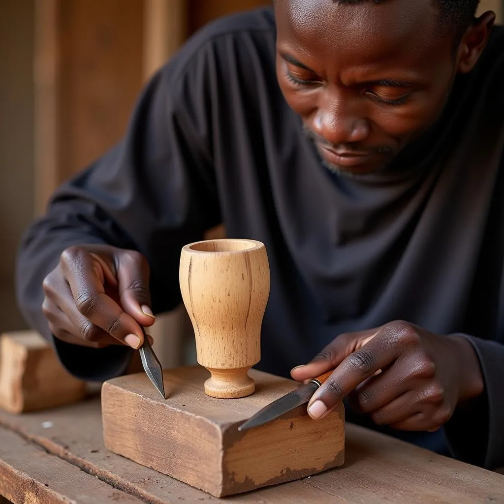 An African artisan skillfully carving a wooden head shot glass