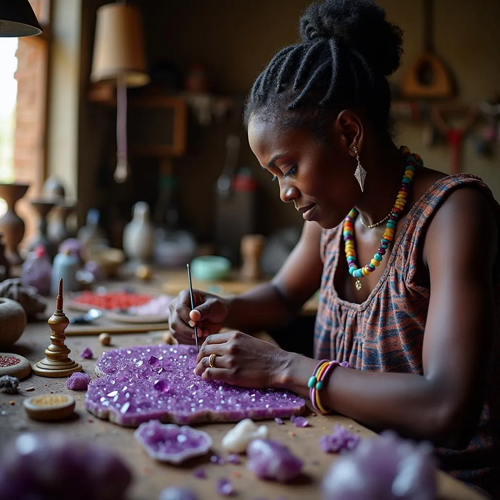 African Artisan Crafting Amethyst Jewelry