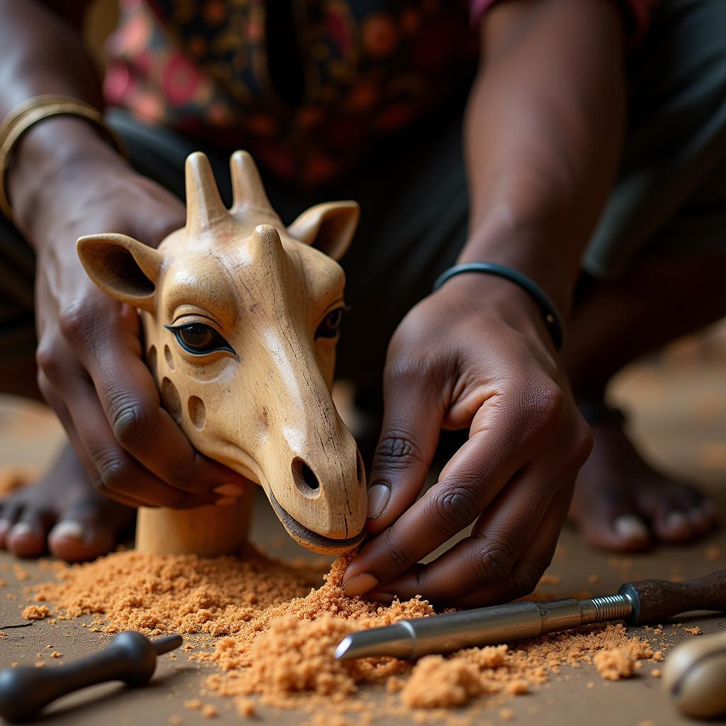 African Artisan Meticulously Crafting a Giraffe Mask