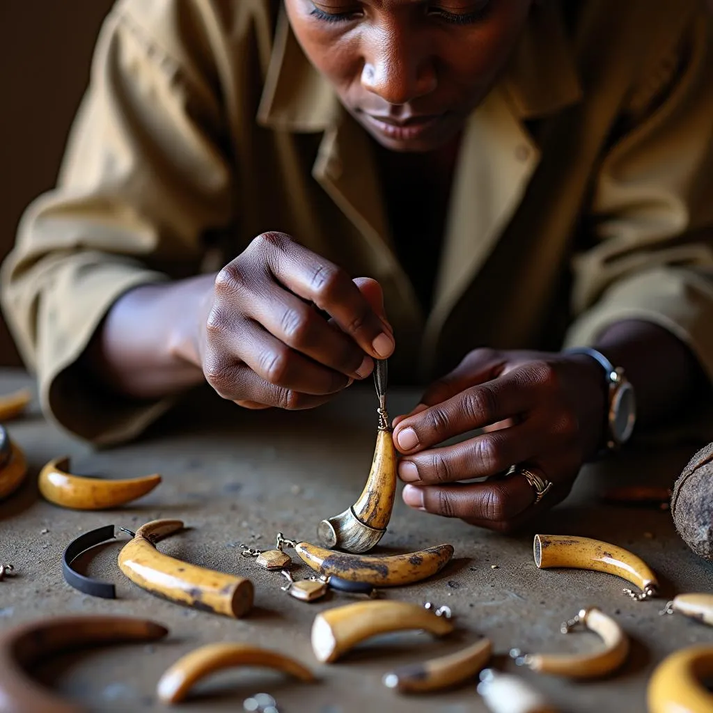 African artisan crafting jewelry from sustainably sourced antelope horn