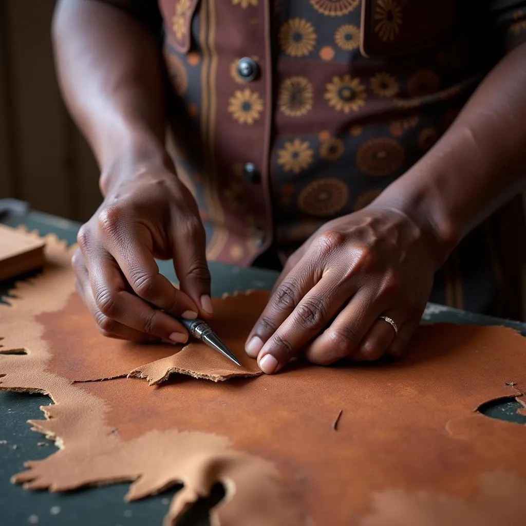 Skilled artisan crafting leather goods