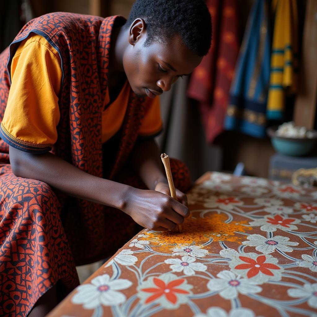 African Artisan Creating Batik Fabric